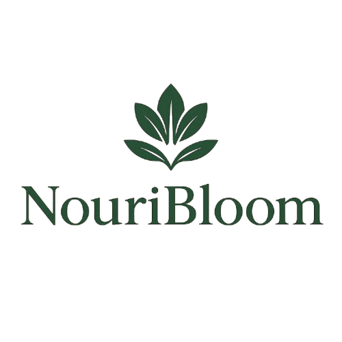 Logo for "NouriBloom" featuring a clean, elegant design. The name is written in a sophisticated serif font in deep green. Above the text is a minimalist leaf emblem made of five stylized leaves arranged to form a blooming shape, symbolizing growth, wellness, and nature.